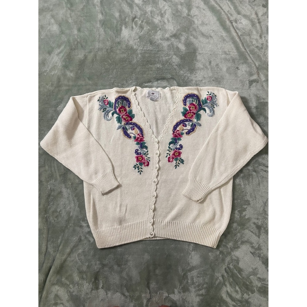 Vintage Worthington Essentials Embroidered Floral Cardigan Sweater Size M